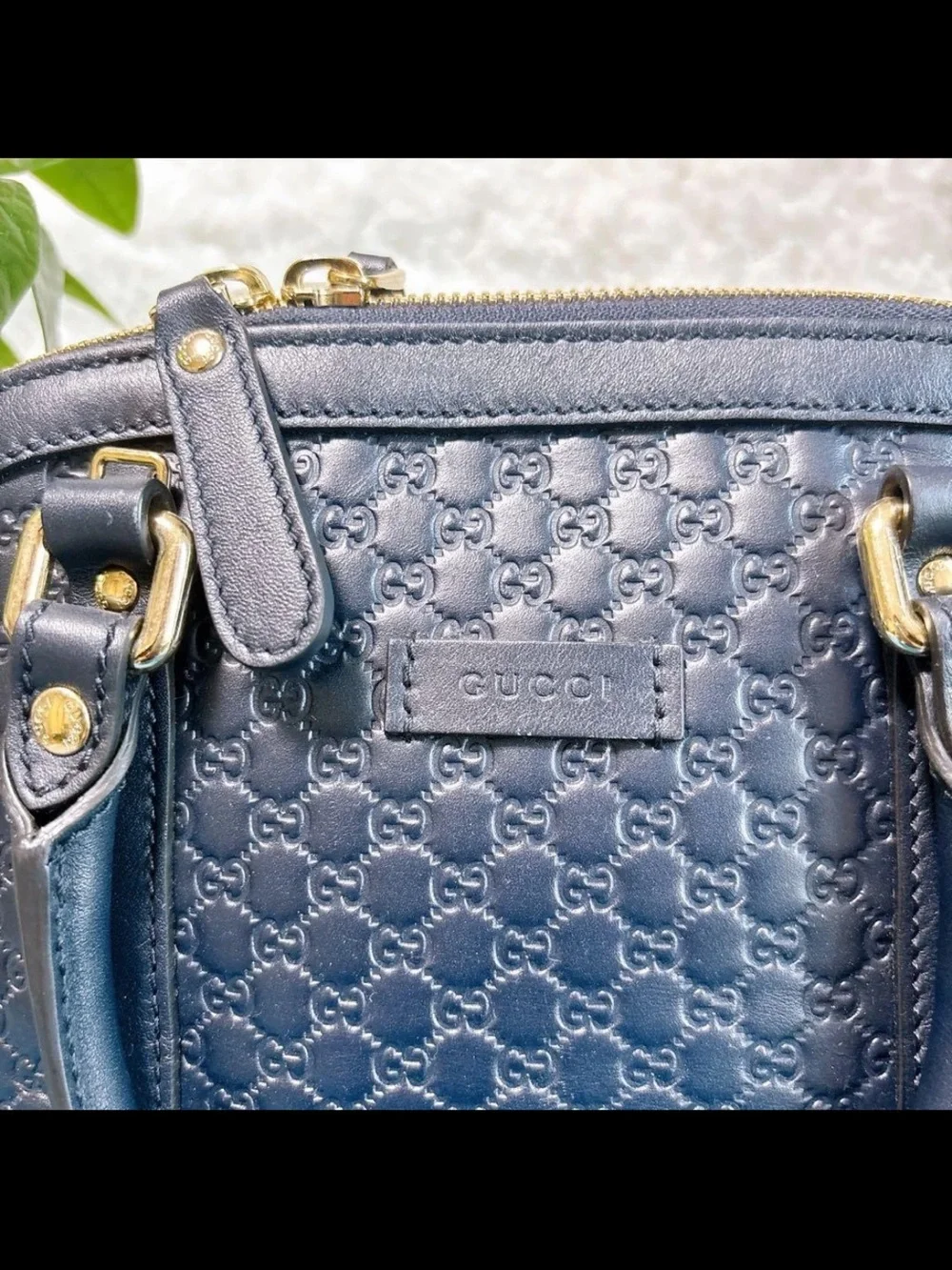 Gucci Navy Embossed GG Dome Satchel with Gold Hardware